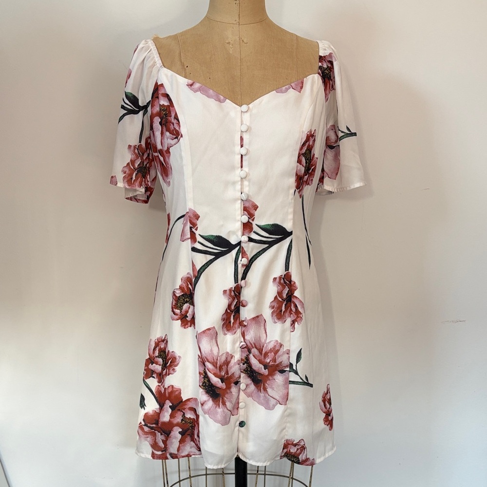 Sage the Label Floral White Pink Button Front Pouf Sleeve Dress M